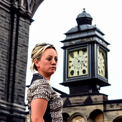 Image similar to A film still of Kaley Cuoco under the Eastgate clock in Chester. Behind her we see a black panther,70mm