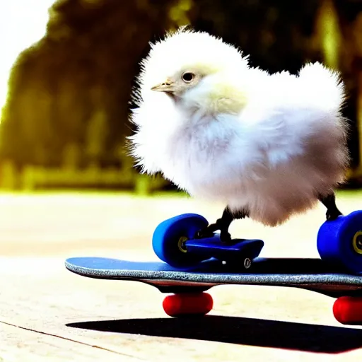 Prompt: fluffy chick on a skateboard, photorealistic