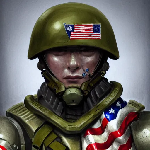 Image similar to Portrait of a futuristic soldier wearing American Army mechanized body armor carrying and American flag, D&D, Powerful, Patriotic, muscular, War, Olive drab, highly detailed, digital painting, artstation, concept art, smooth, sharp focus, illustration