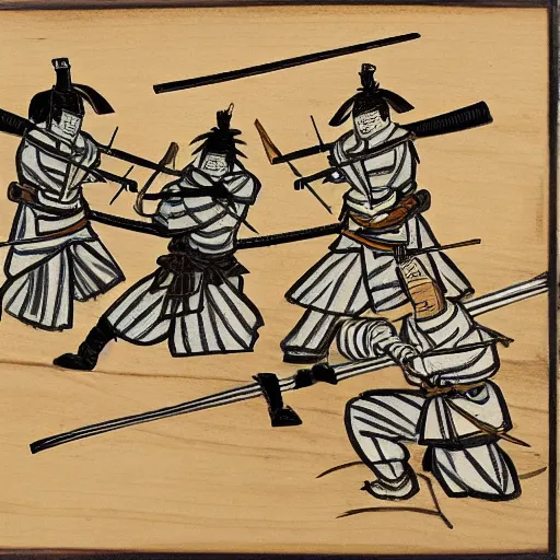 Image similar to two samurai battle each other, wood block painting style, outline style, hand drawn style, circa 1 5 0 0 s, history, scretch, dust, grain, noise, on wood