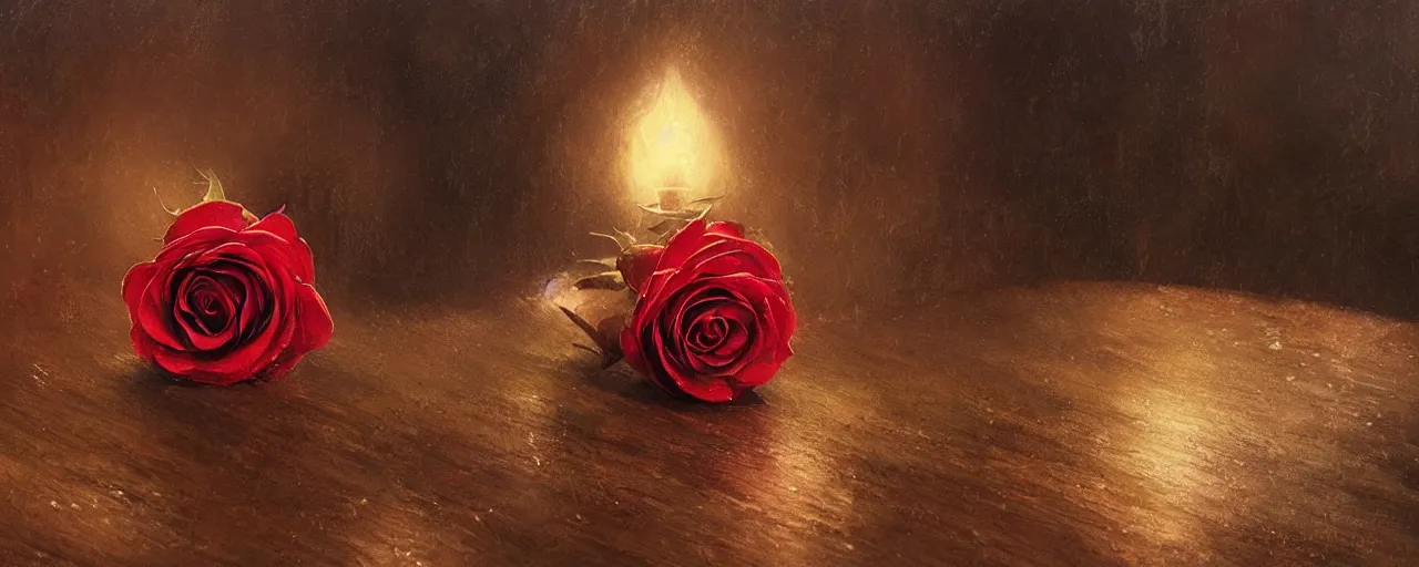 Prompt: a single red rose is on a wooden table with subtle carved filigree and drops of blood, close up view, dramatic lighting, DOF, soft, sharp focus, art nouveau, intricate concept artwork by Raymond Swanland and Greg Rutkowski and Sebastian Luca
