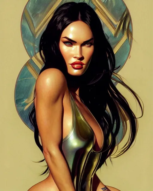 Image similar to portrait of megan fox in latex catsuit, intricate, headshot, highly detailed, digital painting, artstation, concept art, sharp focus, cinematic lighting, illustration, art by artgerm and greg rutkowski, alphonse mucha, cgsociety