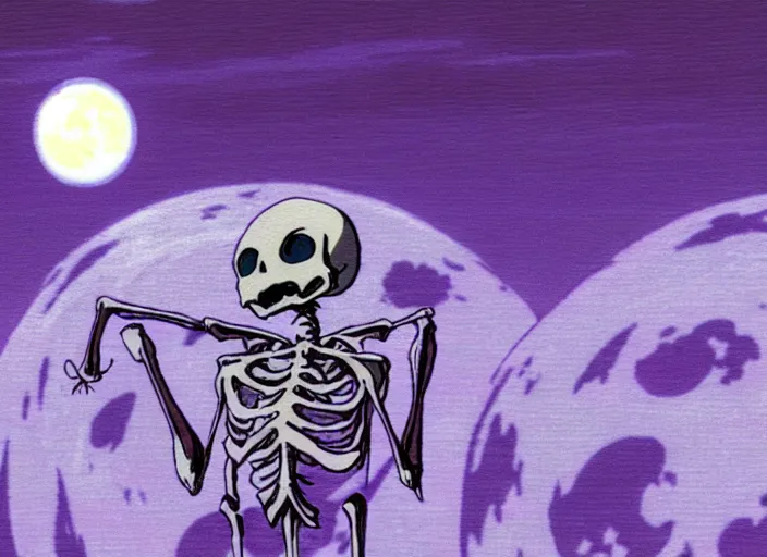 Prompt: a still from a studio ghibli movie of a purple cloaked skeleton necromancer from moomin ( 1 9 9 7 ), in front of a pale full moon, full body, wide shot, very dull muted colors, studio ghibli, highly detailed, deviantart, art by artgem