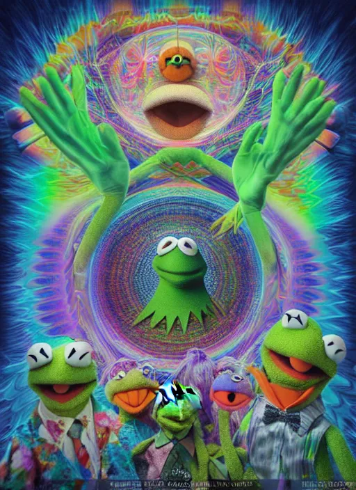 Image similar to muppet transcendence into collaborative intelligence, group intelligence, ai, by alex grey, album cover, award winning, beautiful, colorful, volumetric lighting, trending on artstation