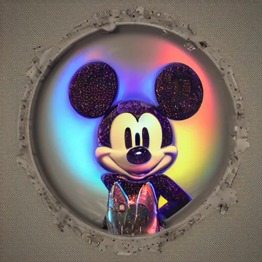 Image similar to knockoff mickey mouse head, fractal, broken, psychedelic, wet, mycelium, radiant alien, rococo, baroque, automotive, bio-mechanical, porcelain, iridescent, sub surface scattering, octane render