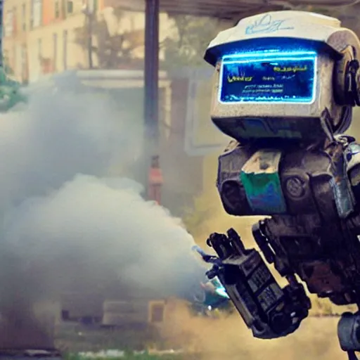 Image similar to chappie the robot, smoking a cigarette, tons of smoke