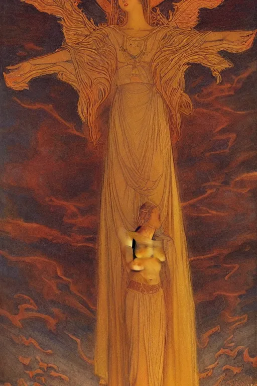 Image similar to goddess of the new moon, by Annie Swynnerton and Nicholas Roerich and jean delville, dramatic cinematic lighting , ornate headdress , flowing robes, lost civilizations, smooth, sharp focus, extremely detailed