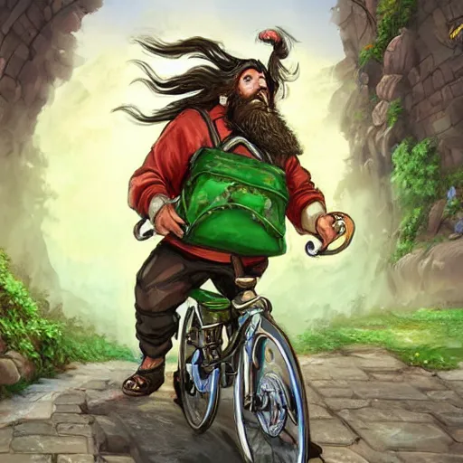 Image similar to a bearded and long haired bicycle food delivery worker with a green bag on his back in Europe, hearthstone art style, epic fantasy style art by kim jung gi, fantasy epic digital art