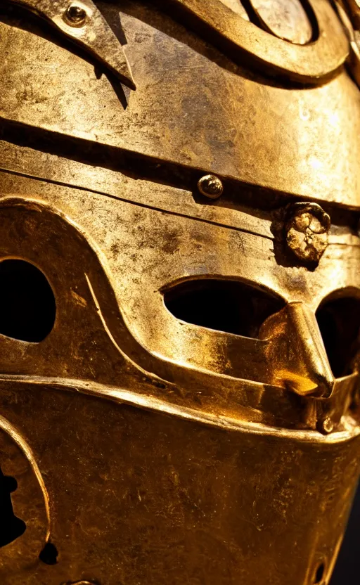 Image similar to a warrior wearing a corinthian helmet, museum photography, closeup, bokeh, golden hour