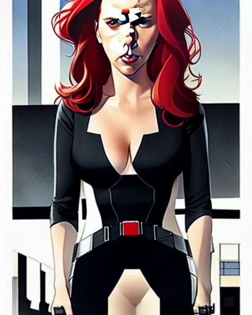 Image similar to phil noto comicbook cover art, pretty scarlett johansson black widow, symmetrical eyes, long red hair, full body, city rooftop