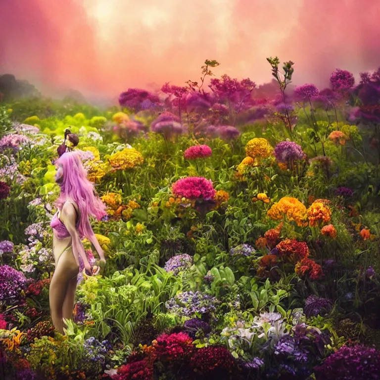 Image similar to a planet of various flowers, fungus and plants, in which the singular human figure is dressed in something magical and impressive, inside the picture is infinity, sunset light, Atmospheric phenomenon, artistic photography, muted colors, conceptual, long exposure outside the city, volumetric light