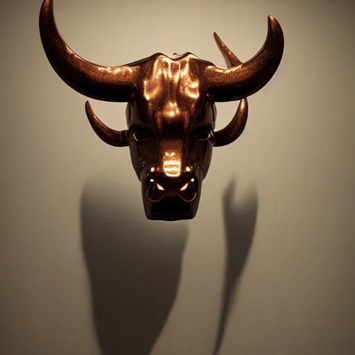 Image similar to 3 d render melted bull head, sculpture, chrometype, liquid metal, neotribal, raytraced, volumetric lightning, 8 k by wlop, innate studio h - 1 0 0 0 w - 1 0 0 0