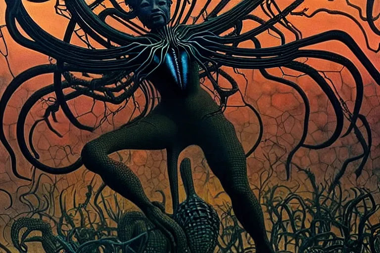 Image similar to realistic detailed portrait movie shot of a beautiful black woman riding a giant spider, dystopian city landscape background by denis villeneuve, amano, yves tanguy, alphonse mucha, max ernst, ernst haeckel, kehinde wiley, caravaggio, jean delville, david lynch, roger dean, cyber necklace, rich moody colours, sci fi patterns, dramatic, wide angle