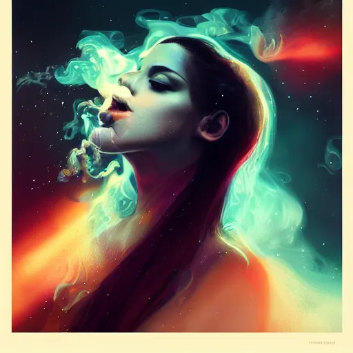 Image similar to a hyperdetailed portrait matte paitning of a beautiful woman blowing iridescent smoke depicted as a nebulous explosion, by vanessa lemen by charlie bowater by ross tran by beeple