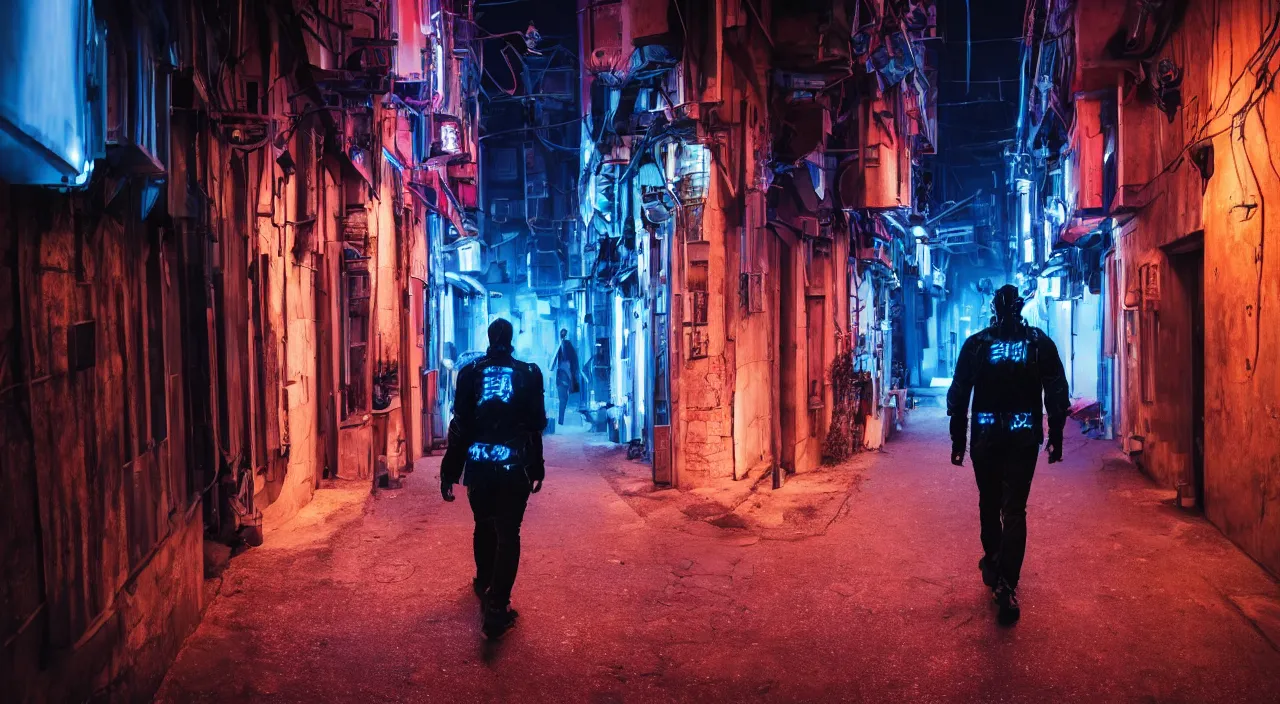 Image similar to a photo of a cyberpunk man walking in a medival village, the photo was taken from the ground looking up at the man's back, the city does not have any glowing lights, it is night time, the man has glowing neon pink and blue lights on his back, ultra high detail.