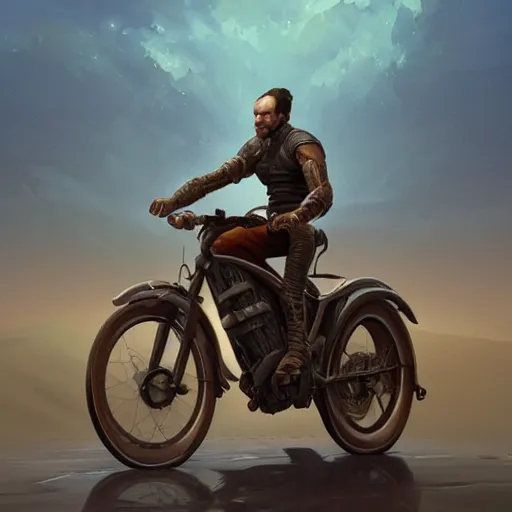 Image similar to man with receding hairline riding bike, intricate, elegant, highly detailed, digital painting, artstation, concept art, matte, illustration, hearthstone, art by artgerm and greg rutkowski and alphonse mucha, simon stalenhag, hyperreal