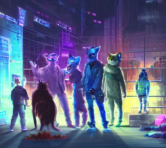 Image similar to high - resolution photograph from a cyberpunk era furry fandom convention ( midwest furfest 2 0 4 7 ), taking place after the genetic revolution and quantum singularity. photorealistic.