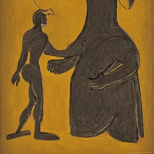 Image similar to ordered by alexander archipenko, by claude monet adventure time. a illustration of a large, black - clad figure of the king looming over a small, defenseless figure huddled at his feet. the king's face is hidden in shadow. menacing stance, large, sharp claws, dangerous & powerful creature.