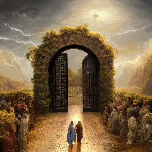 Prompt: illustration of the gate entering Heaven, realistic painting, classical painting, high definition, digital art, matte painting, very detailed, realistic