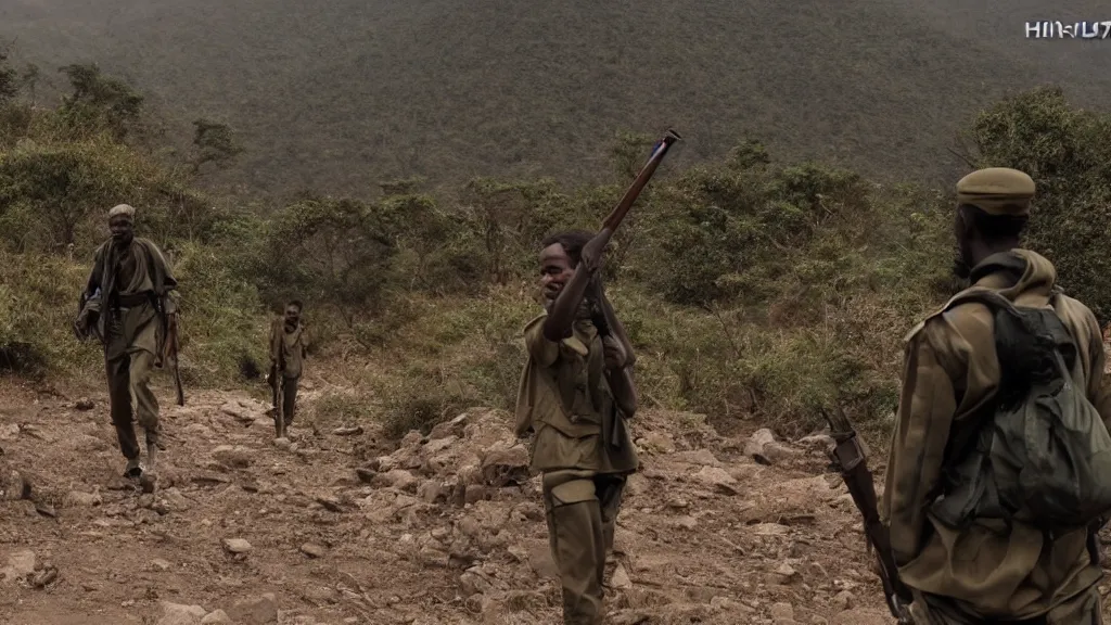 Prompt: Ethiopian civil war and guerilla army in the mountains, moody, dark, movie scene, hd, 4k, wide shot