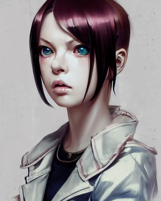 Prompt: baroque oil painting character headshot portrait concept art, anime key visual of young female gang member girl very very anime!!! fine face, milla jovovich, realistic shaded perfect face, fine details. anime. realistic shaded lighting cyberpunk futuristic neon tattoos styled hair transmissive sheen film jacket decorated poster by ilya kuvshinov katsuhiro otomo ghost in the shell
