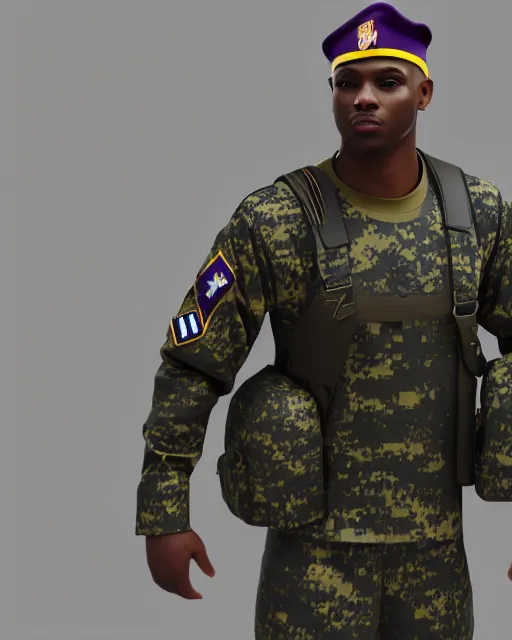 Image similar to military uniform, inspired by los angeles lakers, octane render