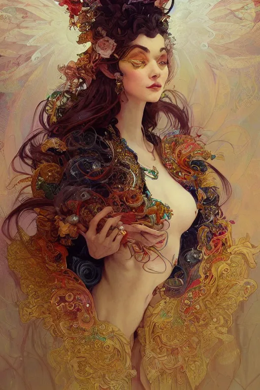 Image similar to a beautifull intricate painting of a beatifull woman portrait, wearing a feathered cloak surrounded by ornate tendrils, flying silk, internse colors, hyper detailed, artstation, concept art, by peter mohrbacher, by wlop, by ruan jia, by alphonse mucha