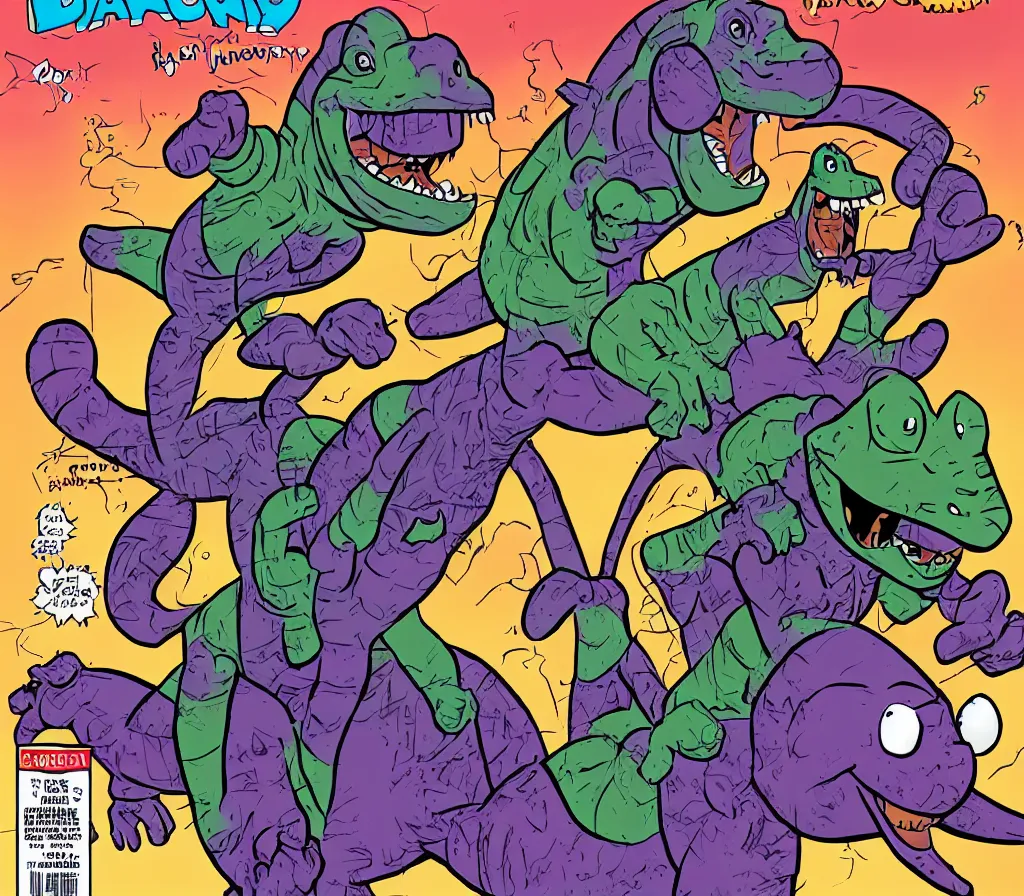 Image similar to barney the dinosaur action hero comic