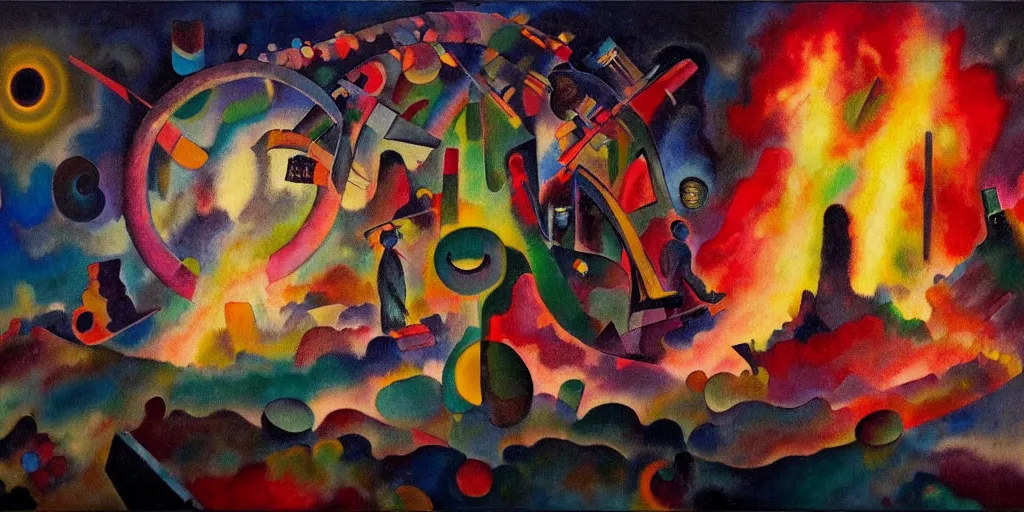 Image similar to trapped on a hedonic treadmill, dark uncanny surreal painting by ronny khalil, and kandinsky, dramatic lighting from fire glow, mouth of hell, ixions wheel