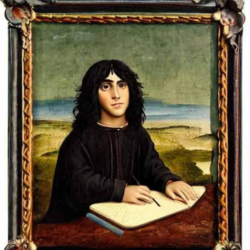 Prompt: portrait of a long shaggy black haired teenager with a black colored sweater with a laptop, full body, renaissance painting, ultra detailed, high resolution, masterpiece
