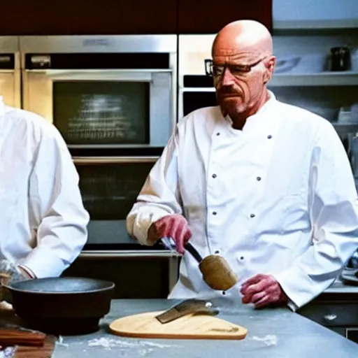 Image similar to “Very photorealistic screenshot of Joe Biden and Walter White cooking drugs in an episode of Breaking Bad, atmospheric lighting, award-winning”