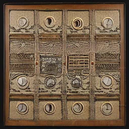 Image similar to lace panel with decorative motifs of railroad trains, telegraph poles, electric lights and hot air balloons ca. 1 9 0 0