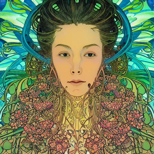 Prompt: portrait of a beautiful healthy wholesome woman made out of wildflowers only flora fauna hyperdetailed intricate detailed maximalist hyperrealism psychedelic nonsensical warped visionary art illusionary art by greg rutowski yoji shinkawa moebius alphonse mucha victo ngai yoji shinkawa apophasis shintaro kago apophasis human body apophasis