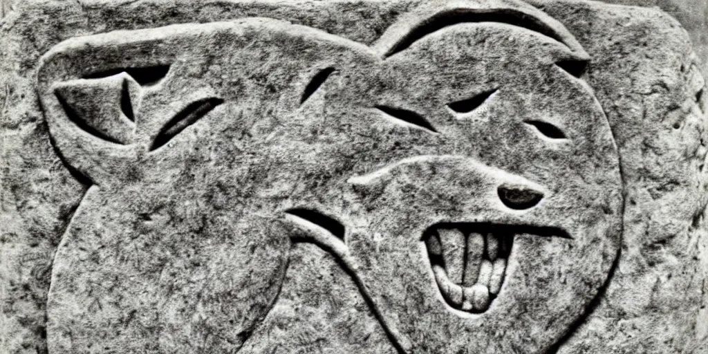 Image similar to anthropomorphic furry wolf depicted in ancient stone carving, 1900s photograph