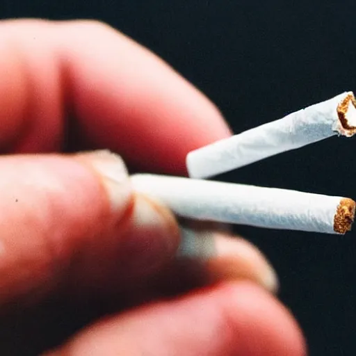 Prompt: Close-up of hyperrealistic hand holding cigarette with smoke, white background, vintage photo