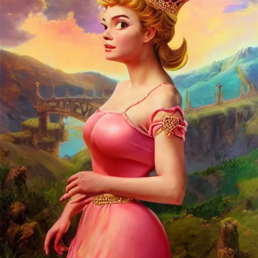 Prompt: An ultra realistic portrait painting of Princess Peach wearing his pink dress and golden tiara in the style of Frank Frazetta, 4k, Ultrarealistic, Highly Detailed, Dark Fantasy, Epic Lighting