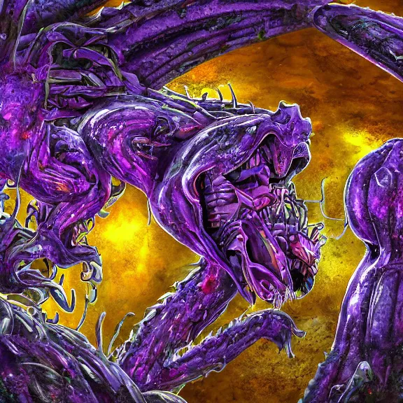 Image similar to detailed shot of inside a cavernous living stomach of a giant hot robot dragon, the walls purple and pulsing, lots of acid pooling up on the floor, digesting and dissolving a human that ended up inside, food pov, micro pov, vore, digital art, furry art, high quality, 8k 3D realistic, macro art, micro art, Furaffinity, Deviantart, Eka's Portal, G6