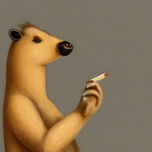 Image similar to a high detail photo of an antropomorphic capybara wearing a suit smoking a cigarrette, subject= duck, subject detail: wearing a suit, subject action: smoking a cigarrette photorealism