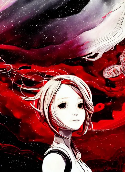 Prompt: highly detailed portrait of a hopeful pretty astronaut lady with a wavy blonde hair, by Frank Auerbach , 4k resolution, nier:automata inspired, bravely default inspired, vibrant but dreary but upflifting red, black and white color scheme!!! ((Space nebula background))