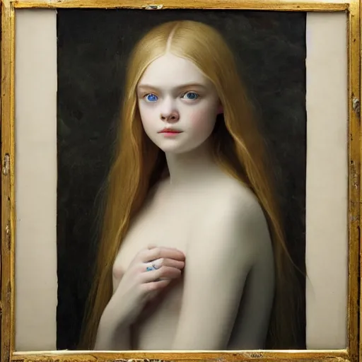 Image similar to Painting of Elle Fanning in the Bermuda Triangle, long blonde hair, delicate, pale milky white porcelain skin, by da Vinci. 8K. Extremely detailed.