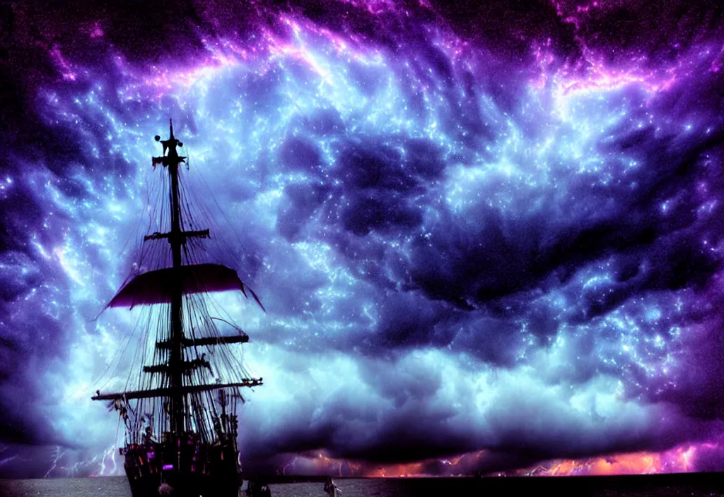 Image similar to purple color lighting storm with stormy sea close up of a pirate ship firing its cannons trippy nebula sky with dramatic clouds painting by banksy Photorealism