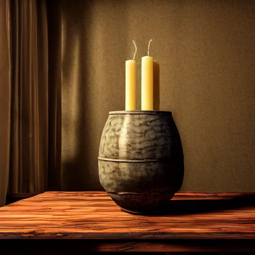 Prompt: a large vase on top of a antique wooden table, vegetables on table and candle, medieval concept art, cinematic lightning and colors, vray tracing, rendered in unreal engine, dark lightning, contrast shadows