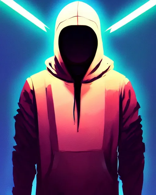 Image similar to synthwave, hyper - realistic portrait of a man in a hoodie, with ninja mask, intricate, 4 k, by atey ghailan, by greg rutkowski, by greg tocchini, by james gilleard, by joe fenton, by kaethe butcher, dynamic lighting, lighting color scheme, sharp focus, grunge aesthetic