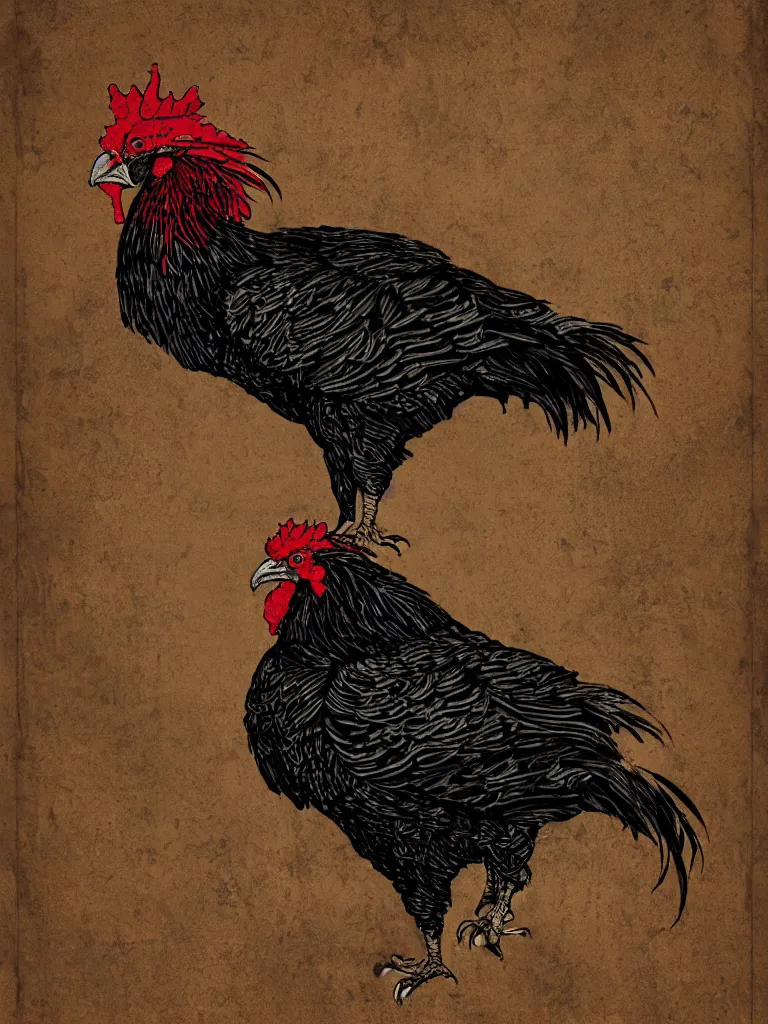 Image similar to dark military portrait of a majestic Fat!!!! Black Rooster, the King of rooster old decrepit tarot card, avian warrior, red gold black royal tarot card background, with blunt brown border and Cannabis trees, ultra-detailed pen and ink illustration, sharp focus, matte painting, symmetrical, golden ratio, cgsociety, concept art, 8k, octane render, artstation, art by Gerald Brom