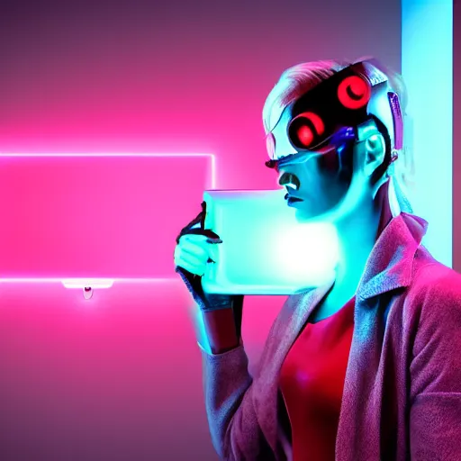 Image similar to a cyberpunk woman with a head fully replaced by a TV that glows pink