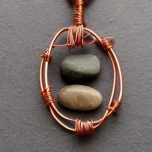 Image similar to beautiful but simple amulet made from equal parts sandstone and dirtstone, bound together by copper wire