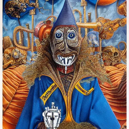 Image similar to a robed wizard, puppeteering a toy robot, in the style of michael cheval, surreal, highly detailed, super intricate, whimsical and surreal. wizard and robot puppet