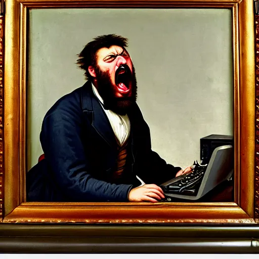 Image similar to an angry man yells at his computer monitor, oil on canvas, 1 8 8 3, highly detailed