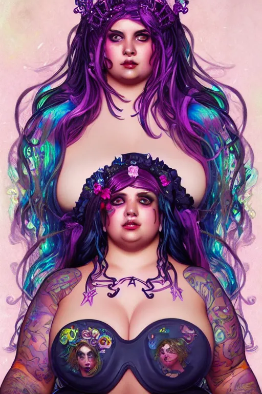 Image similar to full portrait of the lisa frank morbidly obese cyberpunk mermaid, gothic, highly detailed, digital painting, crown of skulls, artstation, smooth, sharp focus, illustration, art by artgerm and greg rutkowski and alphonse mucha and william - adolphe bouguereau