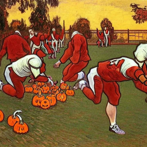 Image similar to painting of arkansas razorbacks playing football with pumpkins at the halloween! party, bubbling cauldron!, candles!, graveyard, gravestones, ghosts, smoke, autumn! colors, elegant, wearing suits!, clothes!, delicate facial features, art by alphonse mucha, vincent van gogh, egon schiele